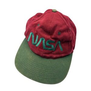 VTG NASA Hat Red Green Snap Back Flat Bill 90s KC Space Embroidered Logo